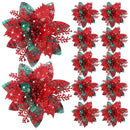 Flores de Natal com Glitter 14cm – Enfeites Artificiais para Árvore, Conjunto com 5/10 Peças